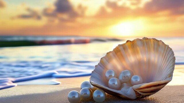 Natural sea pearls in a pink shell on clear water with jewelry stand, waves, sunset shimmering, sea pearls, shell