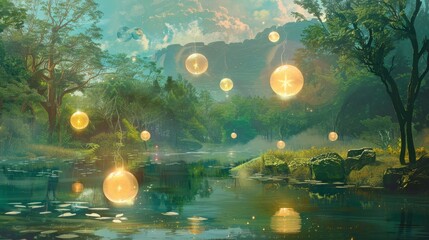 Serene fantasy forest with glowing orbs floating above a tranquil lake; a magical and enchanting scene perfect for imaginative projects.