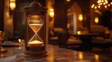 The elegant hourglass, golden sand, rich textures, and exquisite lighting in a luxurious environment symbolize the passage of time, wealth, and luxury. Highlighting exquisite design.