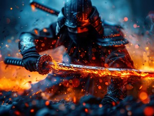 Fototapeta premium Legendary fighter in a dynamic battle scene, intense action and dramatic background, creating a heroic atmosphere, Fantasy, 3D render, Highaction
