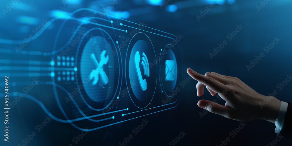 Poster technical support and customer service concept. human hand touching futuristic virtual screen with t