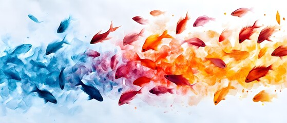 Vibrant tropical fish in a dense cluster, darting around a rich, textured coral reef, Watercolor strokes highlight the vivid underwater scene