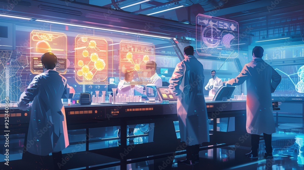 Aufkleber scientists working in a high-tech laboratory with futuristic technology and glowing holograms, analy