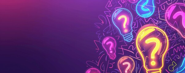 Light bulbs with question marks, neon creative illustration, visual representation of ideas and solutions, abstract design for problem-solving, vibrant colors inspiring innovation