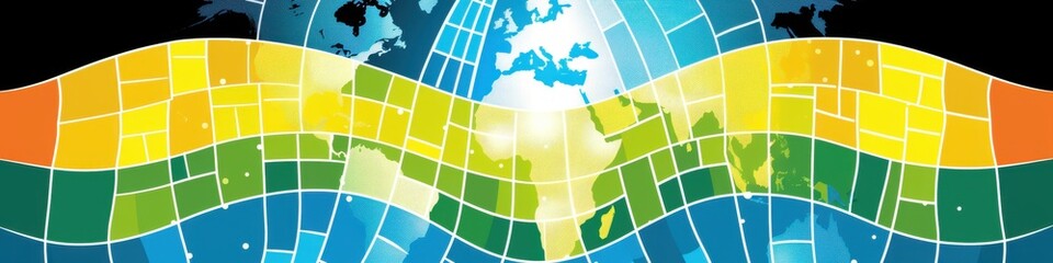 Vibrant Global Map with Rainbow Geographic Patterns and Earth Illustration, Symbolizing Diversity and World Unity Through Colorful Design