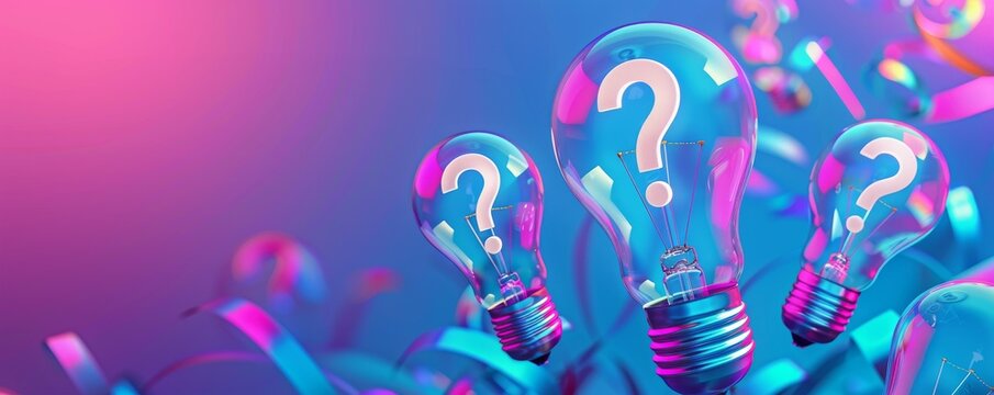 Light bulbs with question marks, vibrant neon colors, creative concept background for innovation and ideas, abstract visual inspiration for brainstorming and problem-solving sessions