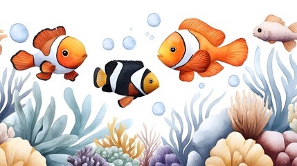 Naklejka premium Playful reef fish swimming in harmony among lively coral structures, watercolor art with bright accents and a joyful underwater vibe