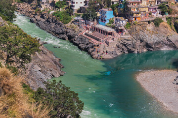 Bhagirathi river from left side and Alakananda river with turquoise blue colour from right side...