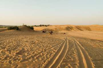 Car tyre marks on sand dunes of Thar desert, Rajasthan, India. Tourists arrive on cars to watch sun rise at desert , a very popular activity amongst travellers.