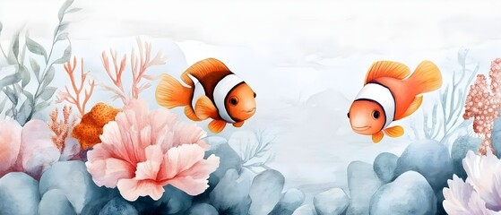 An underwater paradise with a dense array of tropical fish and vibrant coral, painted in a gentle watercolor style, Subtle hues and intricate details
