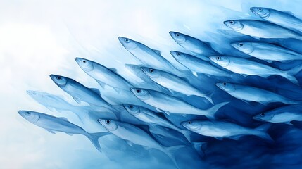A shoal of sleek barracuda darts through the deep blue ocean, capturing light in a mesmerizing display, painted in delicate watercolor hues