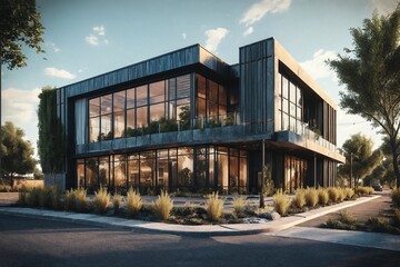 Obraz premium Modern Building with Glass Facade and Greenery