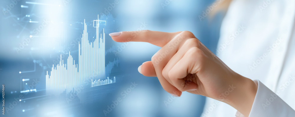 Poster a business professional interacts with a digital graph, showcasing data analysis and technological a