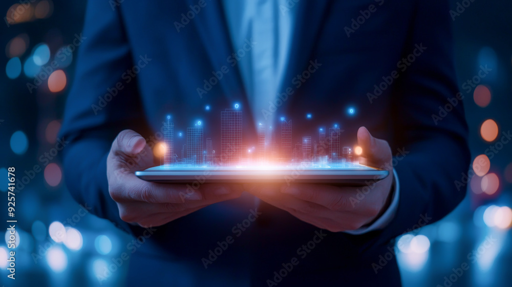 Poster a businessman holds a tablet with glowing digital data visualizations, indicating technology and inn