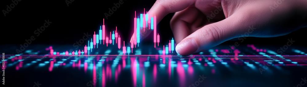 Poster a close-up of a hand interacting with a vibrant digital graph, symbolizing data analysis and financi
