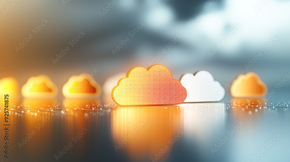 Poster a colorful illustration of stylized clouds representing cloud computing and digital storage in a mod