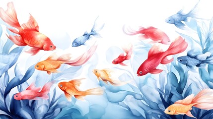 Fototapeta premium An enchanting scene of schools of fish weaving through a lush coral reef, painted in dreamy watercolor hues