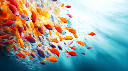 Fototapeta premium A vibrant shoal of colorful fish gliding over a coral reef, creating a mesmerizing underwater dance in a watercolor oil painting style