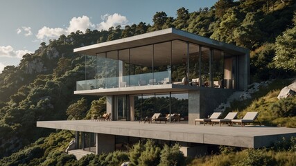 a modern glass house perched on a cliffside in the mountains