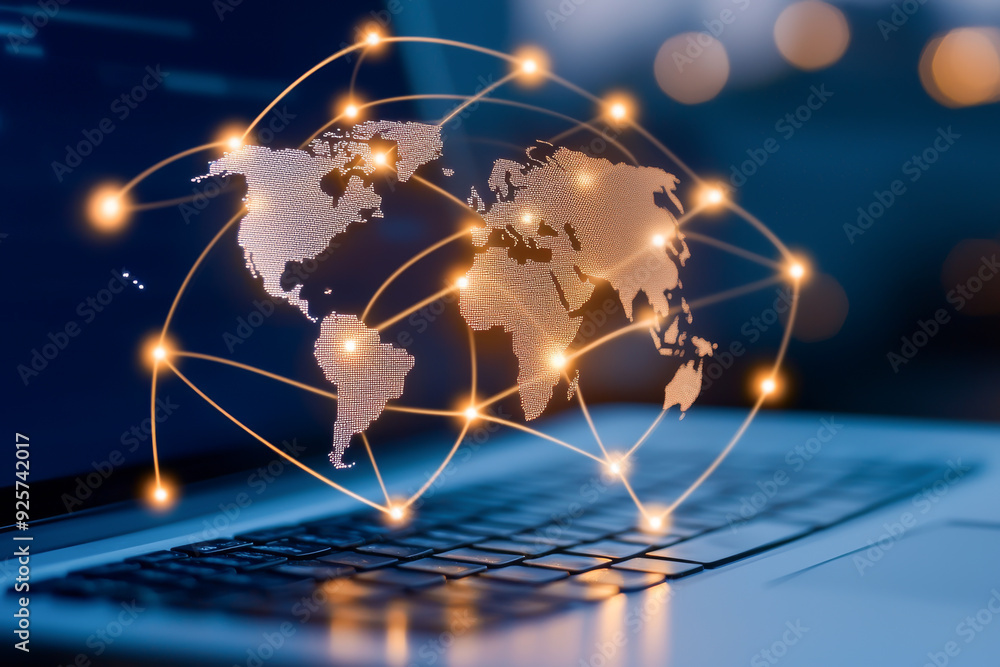 Poster a digital world map with glowing connections illustrating global communication and technology on a l