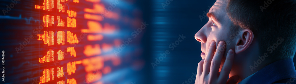 Poster a focused individual analyzes glowing data on a screen, representing the intersection of technology 