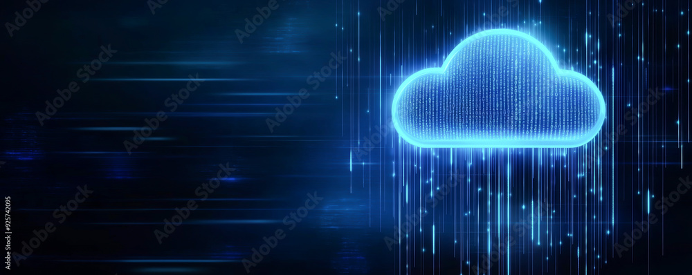 Poster a futuristic blue cloud symbol with a digital rain effect, representing data storage and cloud compu