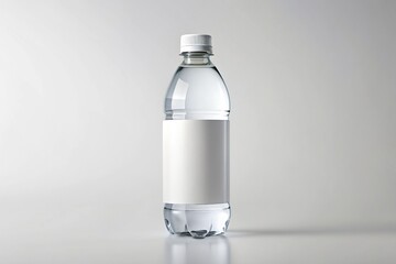 Transparent plastic water bottle with customizable label mockup on a white background, ready for text and design insertion for product branding and advertising.