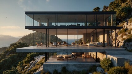 a modern glass house perched on a cliffside in the mountains