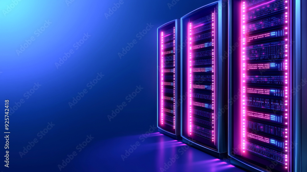 Poster a modern data center with illuminated server racks, showcasing advanced technology and vibrant light