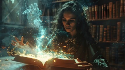 Fototapeta premium A woman engaged in magical studies with a glowing, enchanted book in an ancient library, surrounded by mysterious, floating light elements.