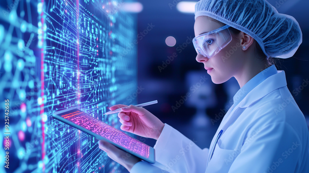 Poster a scientist analyzes data on a digital tablet, showcasing technology and innovation in a modern labo
