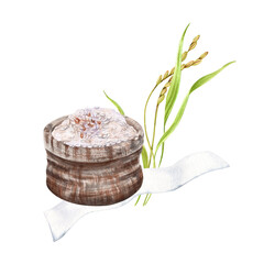 Traditional hessian bag with white rice grains and plant stalks. Hand drawn watercolor illustration isolated from background. Clip art for farm produce labels or product packaging. Organic food design