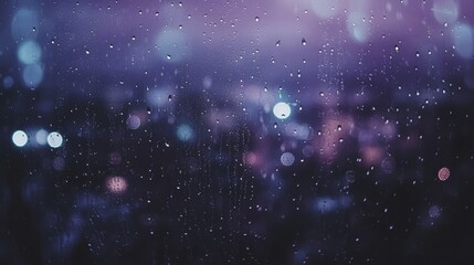 Fototapeta premium Stormy Rainy Night Outside Hotel Window with Focus on Raindrops, Lightning in Dark Sky, Blurry Moonlit Cyber City View, and Dark Purple Hues in Final Fantasy Style