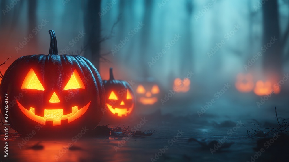 Wall mural Jack-O'-Lanterns in a Foggy Forest.