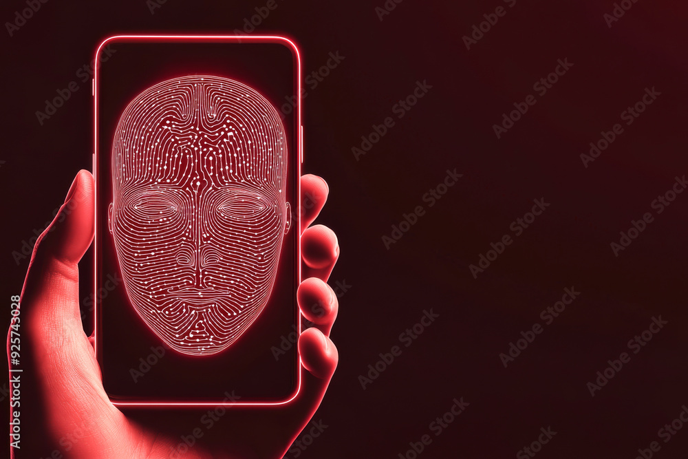 Poster a smartphone displaying a digital face with red accents, symbolizing technology and modern identity 
