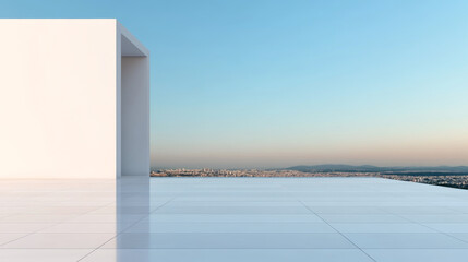 A tranquil rooftop view featuring a minimalist design, clear blue skies, and a peaceful horizon at sunset.