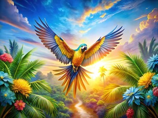 Obraz premium Unleashing Wings: Creative, Inspiring, Ascending, Tropical Hues, Freedom