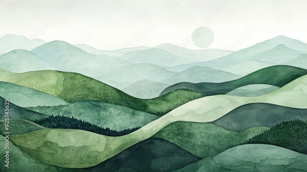 Fototapete a calming abstract landscape in varying shades of green, with hills and mountains creating a peacefu