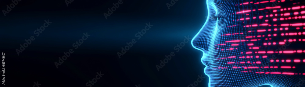Poster futuristic digital portrait of an artificial intelligence model, showcasing glowing data patterns an