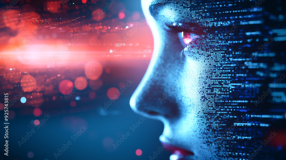 Poster futuristic digital portrait showcasing a robotic face with glowing elements and data streams, symbol