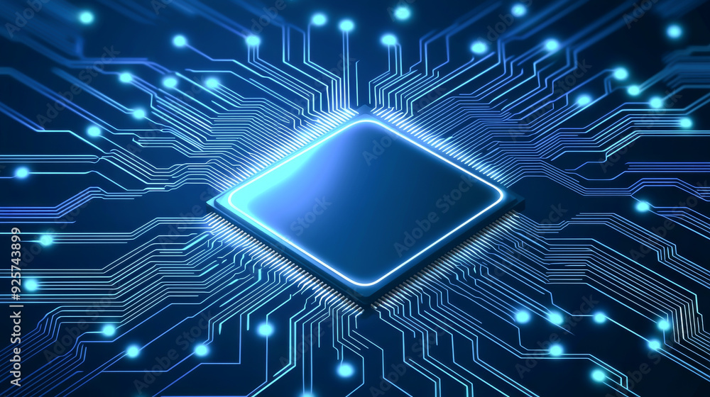 Poster modern computer chip with intricate circuit design, glowing blue elements symbolizing technology and