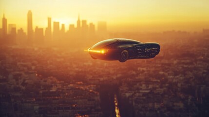 Naklejka premium Futuristic Flying Car at Sunset over a City Skyline