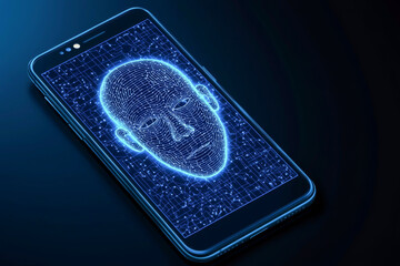 Futuristic smartphone displaying a digital face recognition interface against a dark background, showcasing advanced technology.