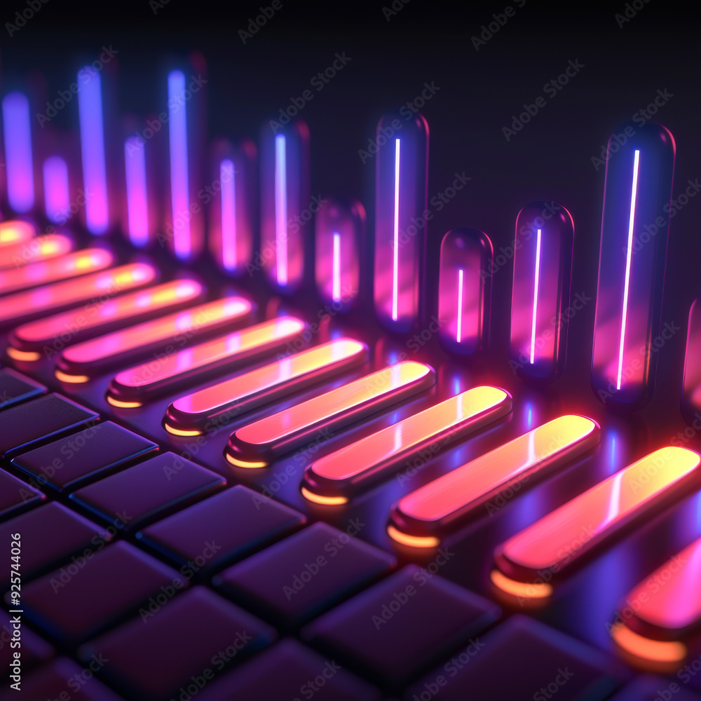 Poster vibrant audio visualization with colorful bars and buttons, creating an energetic atmosphere for mus