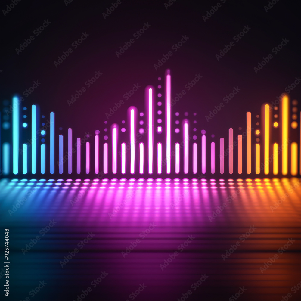 Poster vibrant sound wave visualization in colorful neon lights, showcasing dynamic audio frequencies and c