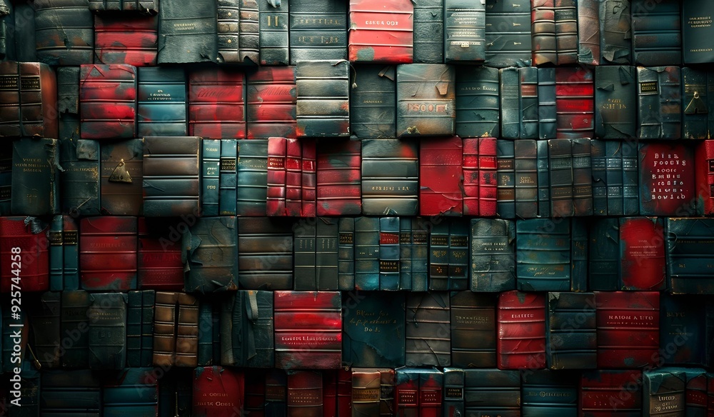 Poster a close-up view of a wall filled with an array of old, worn books.