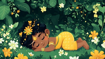 Baby Krishna crawls playfully on a lush green meadow