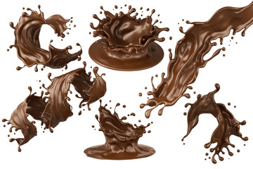 Set of Dark Chocolate splash, Chocolate Milk or Syrup Flowing, 3d illustration.