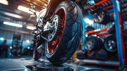 motorcycle repair. closeup wheel balancing machine at tyre service center with soft-focus