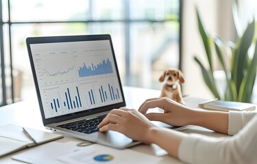 Overhead View of Hands Typing on Laptop with Business Charts and Office Supplies on Desk